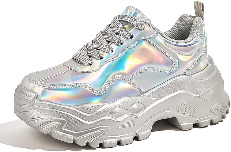 niluber chunky sneakers for women platform sneakers for women comfortable casual tennis shoes lace up fashion walking shoessilver hologram6