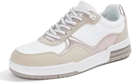 niluber womens fashion low top sneakers white pu leather tennis shoes lace up comfortable casual waking shoeswhitegold7