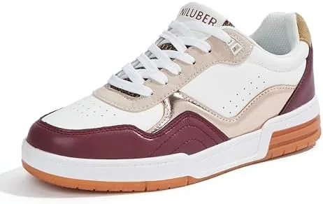 niluber womens fashion low top sneakers white pu leather tennis shoes lace up comfortable casual waking shoeswhitered9